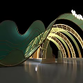 Event Gateway Green And Gold Wavy Arch Design With Glass Structure Under Blue Sky