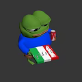 3D Green Frog Game Character Wearing Blue Shirt Brown Shorts Holding Pizza Box Cola
