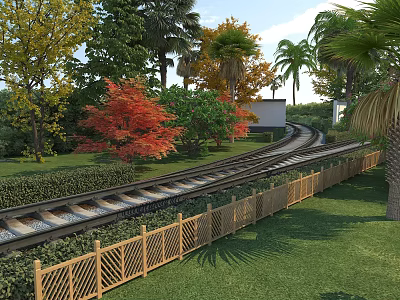 Scenic Railway Track Road Facility With Green Lawn Red Leaf Trees Palms And Wooden Fence 3d model
