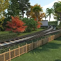 Scenic Railway Track Road Facility With Green Lawn Red Leaf Trees Palms And Wooden Fence