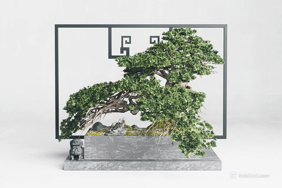 Bonsai Tree Curved Trunk Lush Foliage On Marble Base With Stone Lion Chinese Style Frame 3d model 
