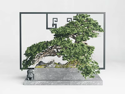 Bonsai Tree Curved Trunk Lush Foliage On Marble Base With Stone Lion Chinese Style Frame 3d model