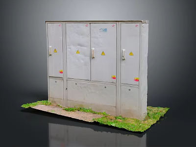 Outdoor Electrical Control Cabinet With Warning Signs And Grass Base 3d model