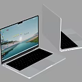 Silver Apple Laptops One Open with Screen Showing Landscape Icons and One Closed with Logo