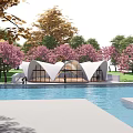 Modern Building With White Roof Glass Walls Pink Cherry Blossom Trees And Water Pool