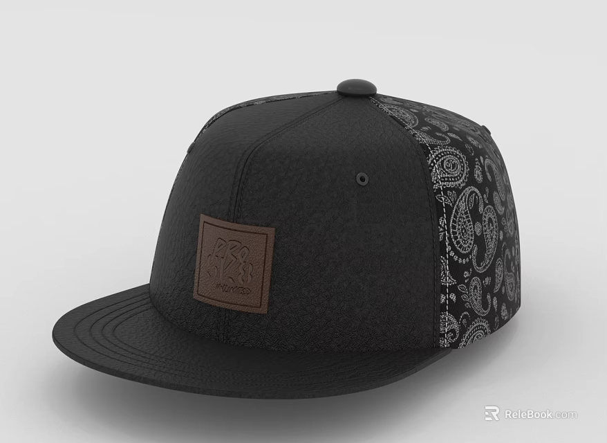 Black Flat Brim Hat With Paisley Pattern And Leather Patch Design 3d model 