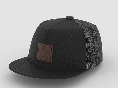Black Flat Brim Hat With Paisley Pattern And Leather Patch Design 3d model