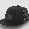 Black Flat Brim Hat With Paisley Pattern And Leather Patch Design