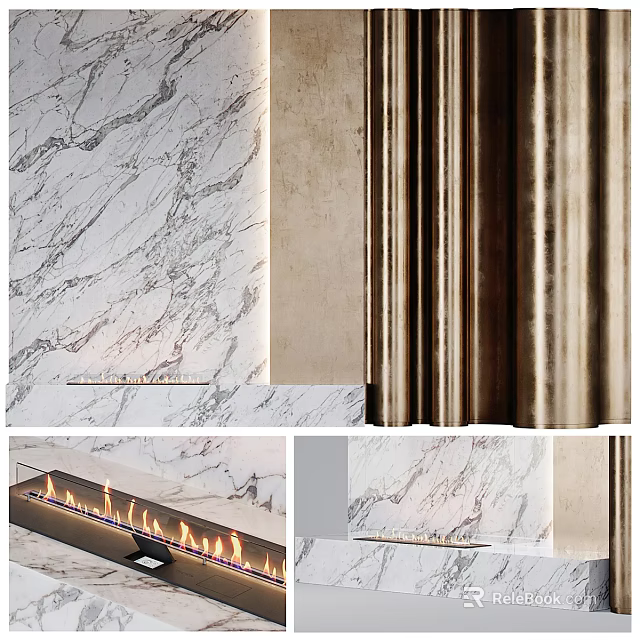 Interior Design Featuring Marble Walls Metal Columns And Fireplace With Flames 3d model 