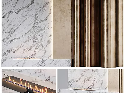 Interior Design Featuring Marble Walls Metal Columns And Fireplace With Flames 3d model