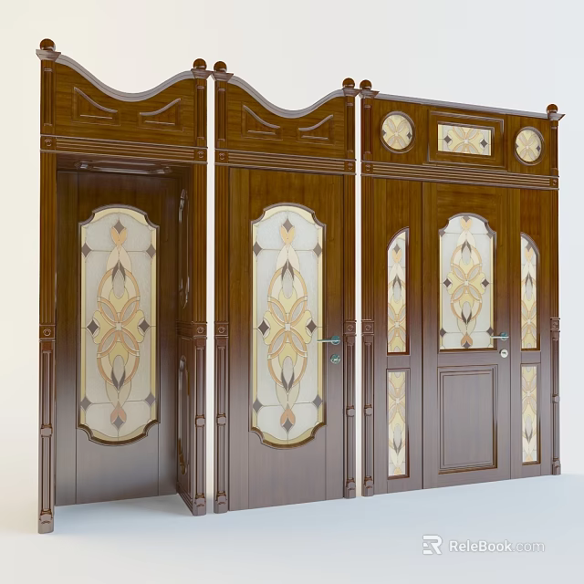Classic Wooden Swing Doors With Decorative Glass Panels And Intricate Carvings 3d model 