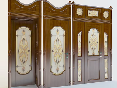 Classic Wooden Swing Doors With Decorative Glass Panels And Intricate Carvings 3d model
