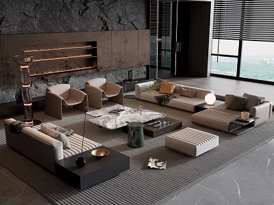 Modern Luxury Sofa Coffee Table Set with Fireplace Floor to Ceiling Windows and Blinds 3d model