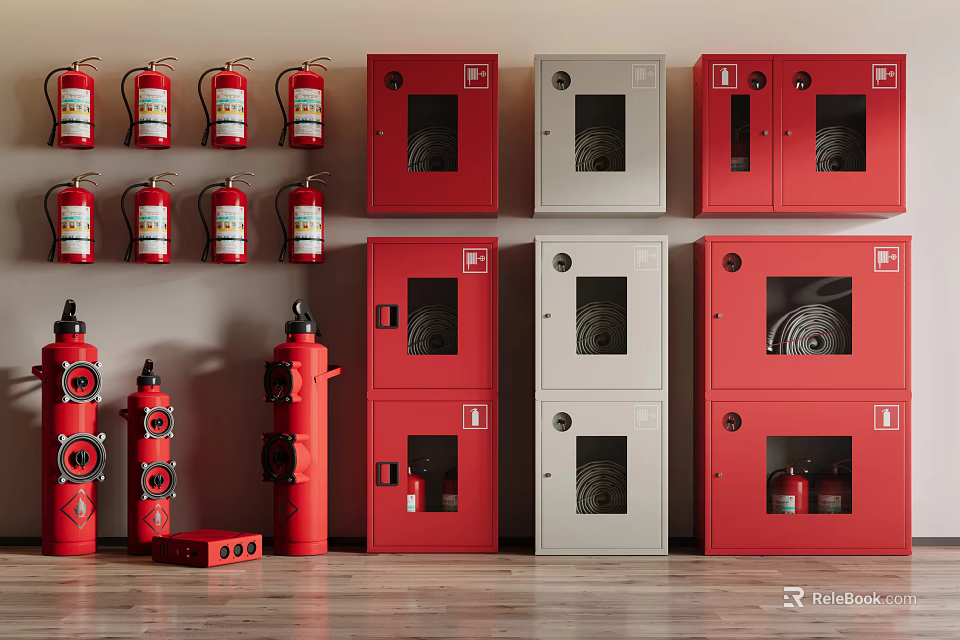 Various Fire Safety Equipment Display Featuring Red Extinguishers And Gray Cabinets 3d model