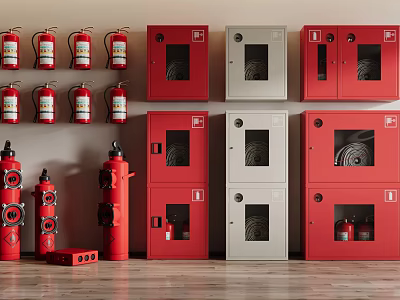 Various Fire Safety Equipment Display Featuring Red Extinguishers And Gray Cabinets 3d model