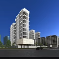 Modern High Rise Residential Buildings with Urban Street Trees Evening Lighting and Traffic Trails