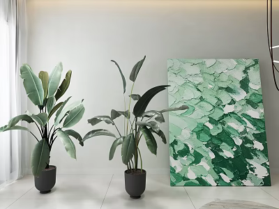 Potted Tropical Plants With Large Leaves In Indoor Space With Green Abstract Painting 3d model