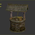 Ancient Well Structure Featuring Brick Stone Base Thatched Roof And Wooden Bucket