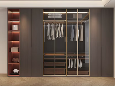 Modern Luxury Wardrobe With Glass Doors Hanging Clothes Open Shelves And Drawers 3d model