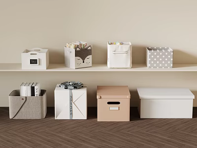 Various Storage Boxes With Different Colors And Designs On Shelf And Floor 3d model