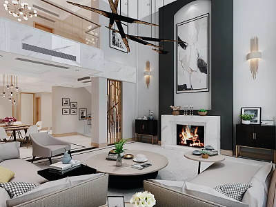 Modern Loft Style Living Room With Fireplace Sofas And Artwork 3d model