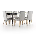 Black Marble Top Dining Table Set with White Upholstered Chairs and Place Settings 3d model