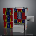 Vibrant Scene Component Featuring Red Blue Panels With Geometric Decorative Designs And White Base
