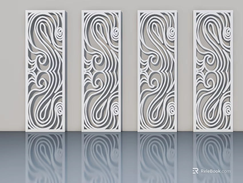 White Hinged Doors With Intricate Swirl Patterns On Gray Background And Reflections 3d model 