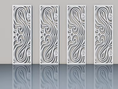 White Hinged Doors With Intricate Swirl Patterns On Gray Background And Reflections 3d model