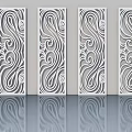 White Hinged Doors With Intricate Swirl Patterns On Gray Background And Reflections 3d model
