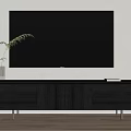 Modern Black TV Stand With Vase Green Plant And Tablet On Light Wall Wooden Floor