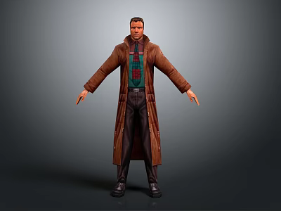Game Movie Character 3D Model Brown Long Coat Green Plaid Shirt Standing Gray Background 3d model