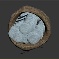Blue Decorative Coins Filled in Brown Burlap Sack on Dark Background