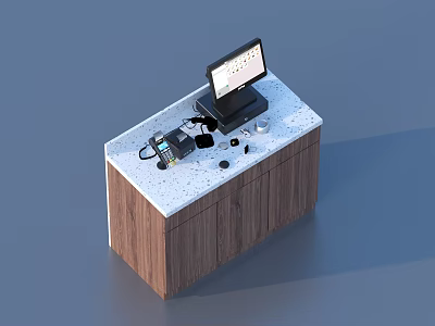 Practical Wooden Cabinet With White Countertop Holding Black Monitor Telephone Cups And Small Items 3d model