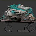 Old Wooden Cart Loaded With White And Teal Worn Fabrics On Dark Background