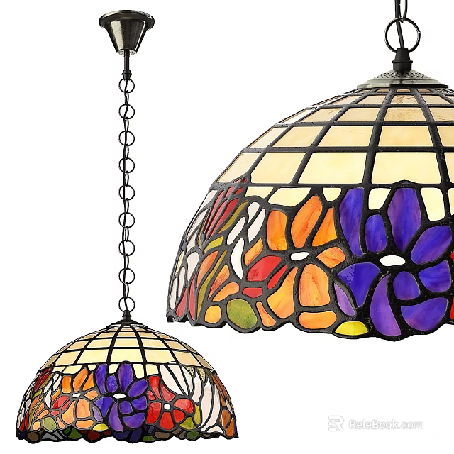 Colorful Stained Glass Chandelier With Flower Pattern And Hanging Chain For Decorative Home Design 3d model 