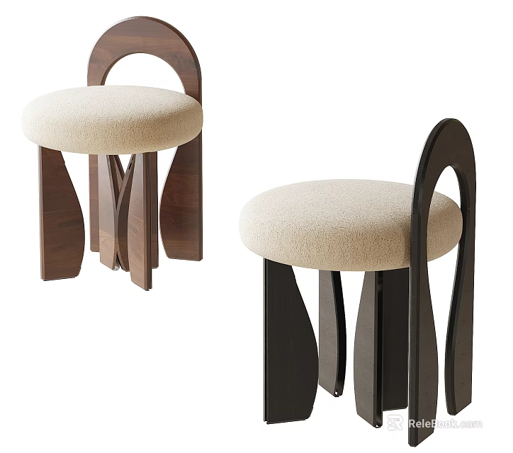 Two Modern Wooden Stools With Beige Upholstered Cushion And Curved Frame 3d model 