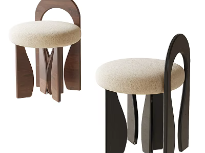 Two Modern Wooden Stools With Beige Upholstered Cushion And Curved Frame 3d model