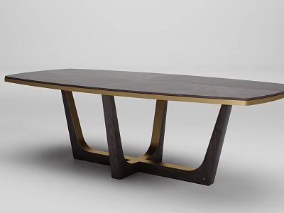 Modern Dining Table With Dark Wood Top And Black Gold Metal Geometric Legs 3d model