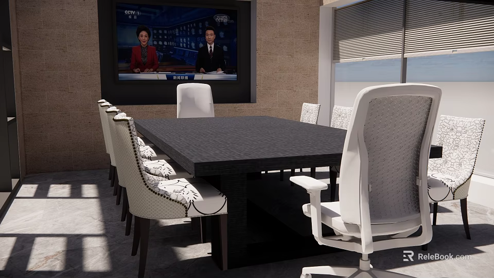Modern Bright Room Featuring Black Rectangular Table White Patterned Chairs Wall TV And Window Blinds 3d model 