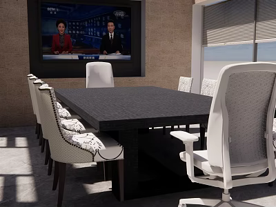 Modern Bright Room Featuring Black Rectangular Table White Patterned Chairs Wall TV And Window Blinds 3d model