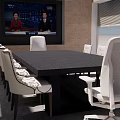 Modern Bright Room Featuring Black Rectangular Table White Patterned Chairs Wall TV And Window Blinds 3d model