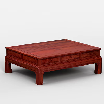 Chinese Style Red Wood Coffee Table With Drawers Carved Details And Sturdy Legs 3d model