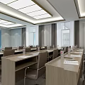 Modern Conference Room Interior With Long Tables Chairs Large Screen Water Bottles And Documents