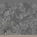 Black Rock Texture Background Wall With Wooden Frame Flower Vase And Wooden Floor