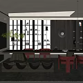 Modern Tea Room Interior With Long Table Red Chairs Display Shelves And Tea Sets