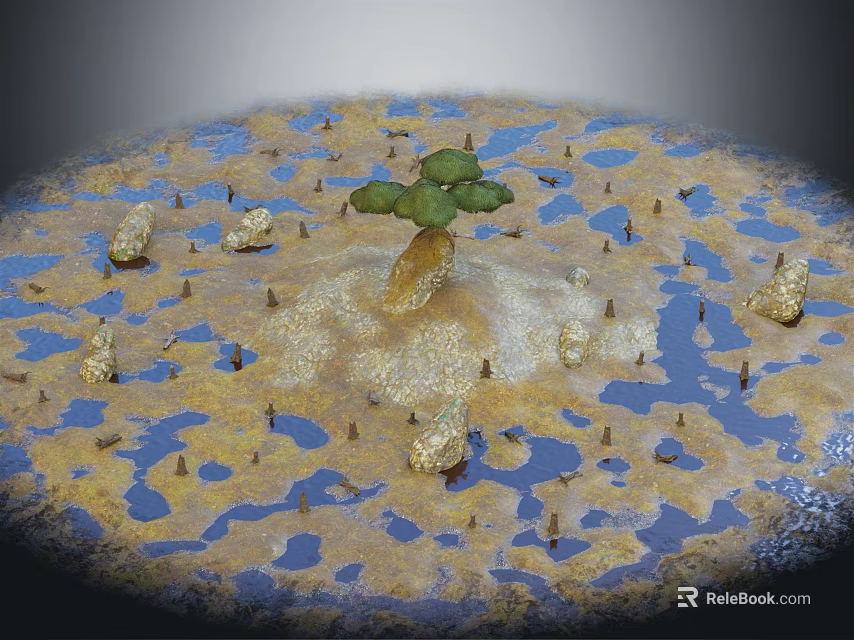 Central Green Plant With Small Buds In Miniature Landscape Blue Puddles And Yellow Stones 3d model 