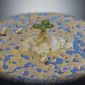 Central Green Plant With Small Buds In Miniature Landscape Blue Puddles And Yellow Stones