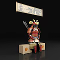 Decorative Ornament Set Featuring Samurai Armor Figurine With Traditional Scroll Painting And Wooden Base