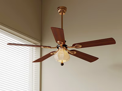 Ceiling Fan With Wooden Blades And Gold Metal Light Fixture In Room 3d model